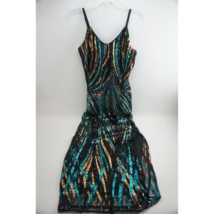 Venus‎ Sequin Maxi Dress 10 Teal Gold Black Sleeveless V-Neck Excellent